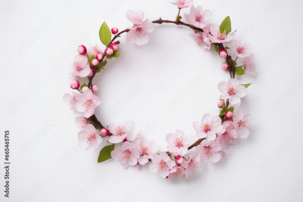 Round sakura wreath isolated on white background with space for your text