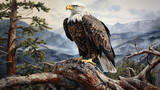 a beautiful eagle sitting on a pine tree, generate AI