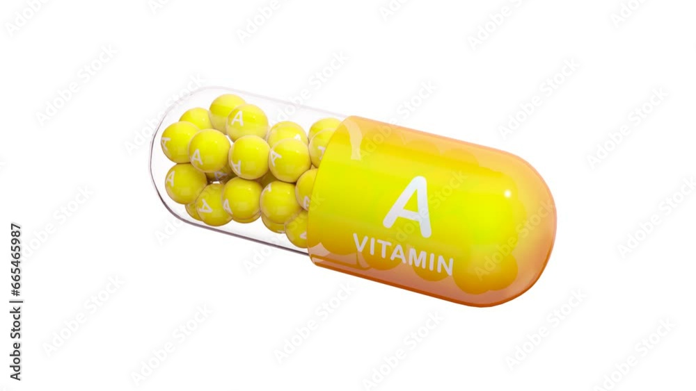 Yelloworange pill or capsule filled with vitamin A. Seamless loop. 3D