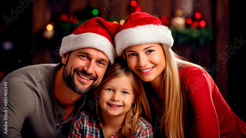 Merry Christmas. Portrait Of Happy Loving Family In Red Santa Claus Hat Celebrating Winter Holidays Together. Ai generated © millenius