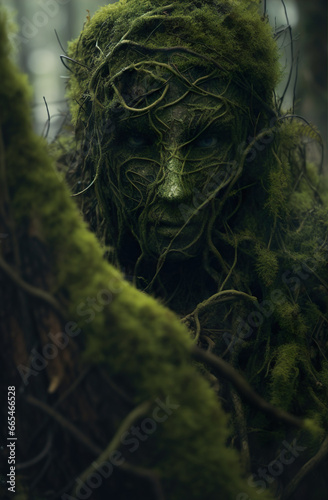 Alien is hiding in spooky forest realistic photo character generative AI illustration. Aliens in the woods concept © Uros Petrovic