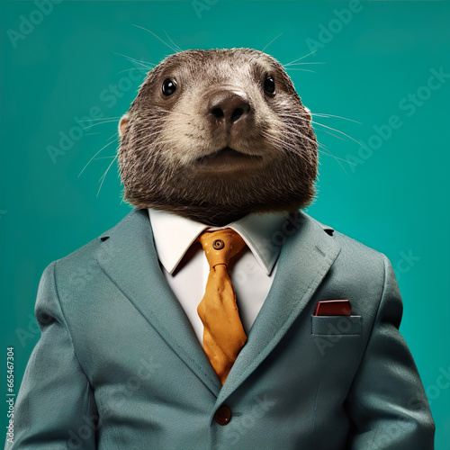 Businessman officer otter in suit is standing isolated on green background. Generative AI image illustration. Business animals concept
