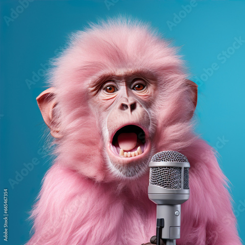 Funny crazy pink monkey is singing or speak in microphone portrait generative AI illustration isolated on turquoise background. Lovely animals concept