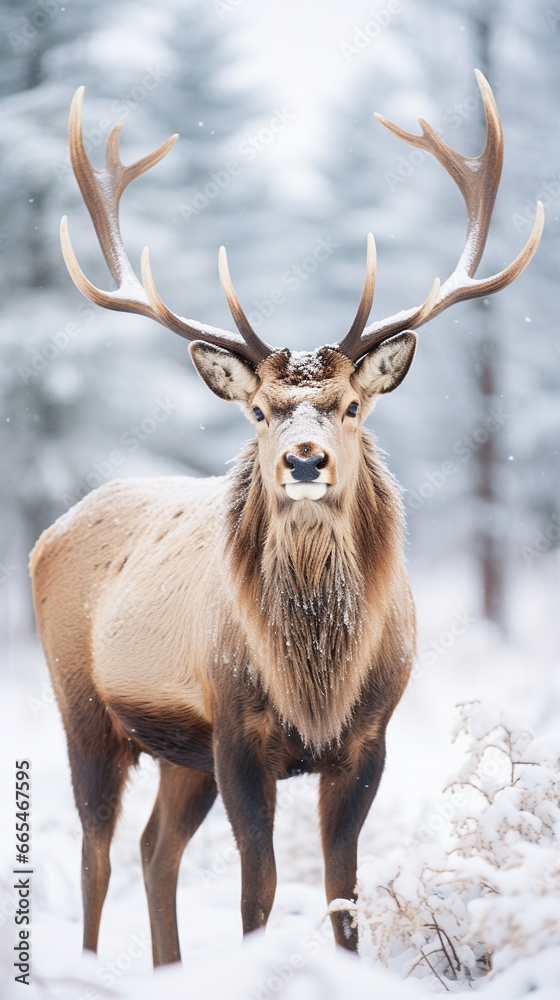A Realistic Shot of a Graceful Christmas Elk in a Snowy Setting A Realistic Shot of a Graceful Christmas Elk in a Snowy Setting