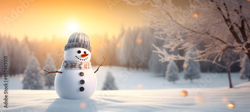 Snowman on the background of the night city. Christmas background. © wing
