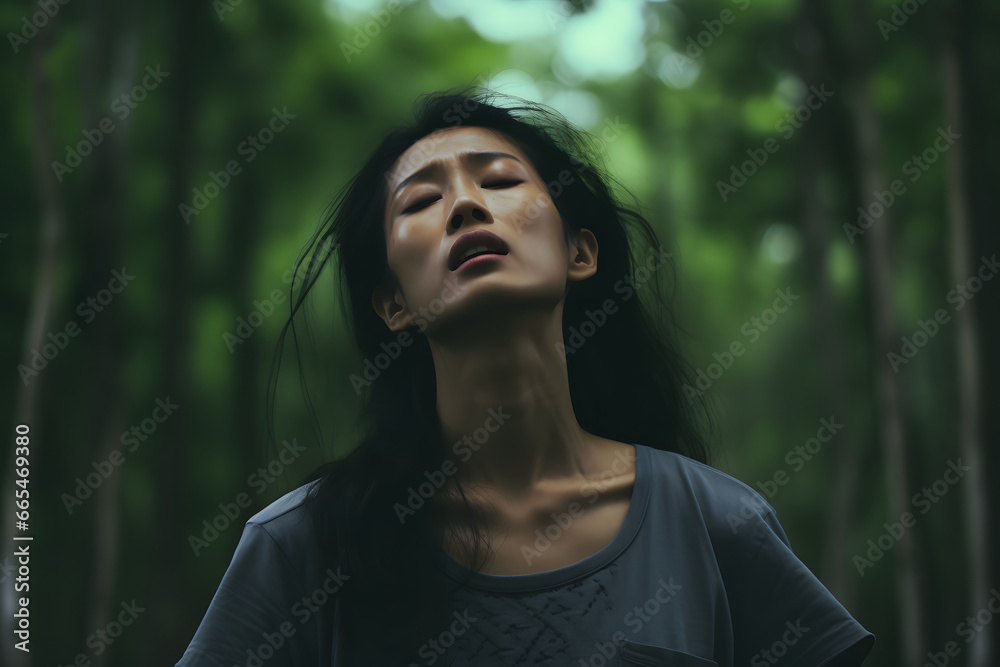 Asian woman lost in forest at summer day. Neural network generated image. Not based on any actual person or scene.