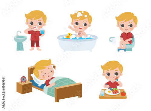 The daily routine of a cute boy on a white background. [ sleep, brush teeth, take a bath, sit on the toilet and eat breakfast ].