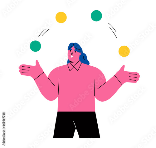 Business woman juggling  balls. Working concentration or multitasking concept. Flat vector illustration isolated on white background