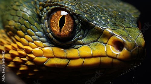 close up of a green and yellow snake portrait