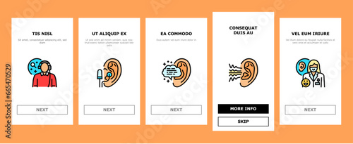 audiologist doctor ear deaf onboarding mobile vector. aid health, otolaryngologist test, adult woman, patient technology, hear audiologist doctor ear deaf Illustrations