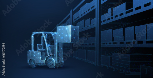 Forklift and warehouse. Automatic stock storage, modern distribution building