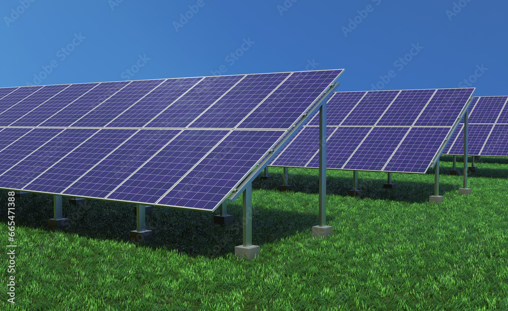 Photovoltaic panels of the solar electric station. The power plant array of the sun energy generation system. 3d rendering Photovoltaic panels of the solar electric station. The power plant array of the sun energy generation system. 3d rendering