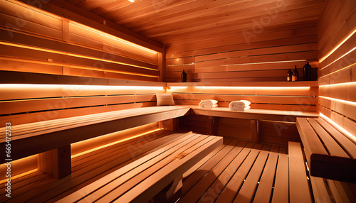 Wooden Sauna with Lights on the Walls photo