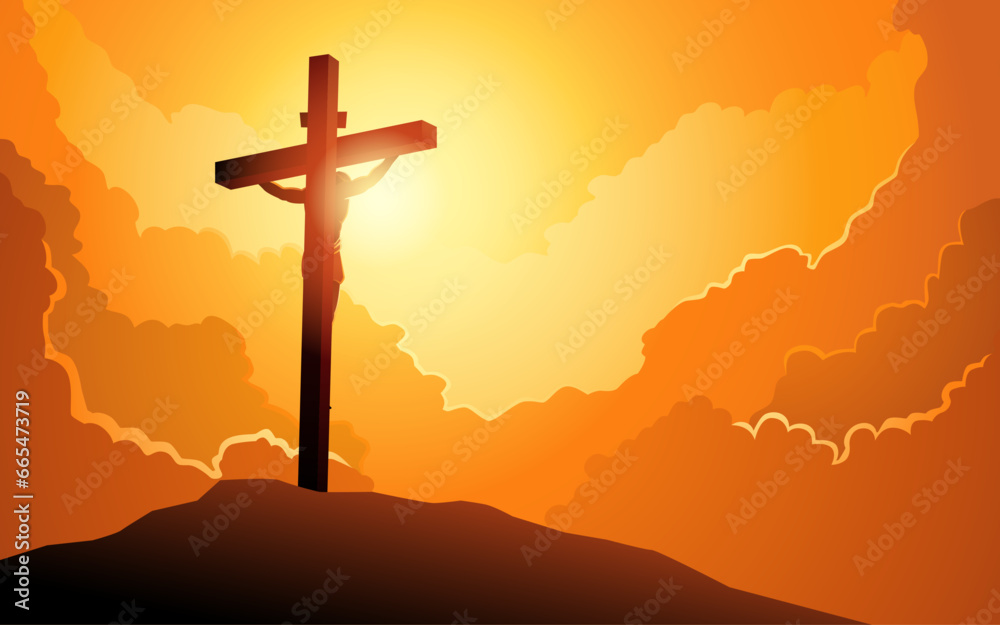 Biblical vector illustration series, back view of Jesus on the cross wearing a crown of thorns - obrazy, fototapety, plakaty 