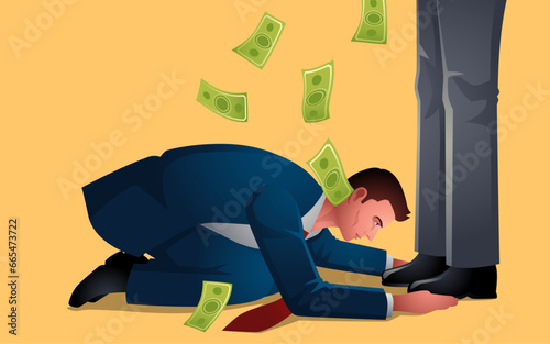 Businessmen bow down and bootlicking the feet of powerful man who shower him with money. Represents themes of compliance and financial dependency, conveying dynamics of power and influence