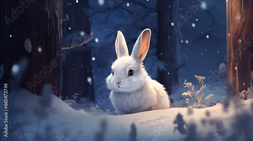  White hare on the background of a winter, snowy forest with bokeh and copy space. Wild animals in winter. Christmas card. © Tetiana