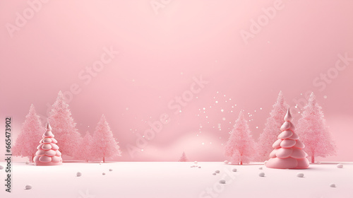 Christmas and New Year minimalism monochrome background in pastel pink colors. Pink Christmas trees in a snowy forest and Christmas pink decorations on a light background with copy space for text.