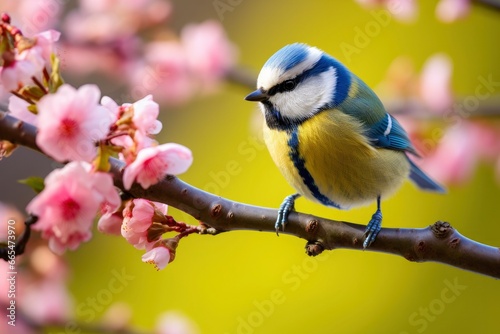 A Bluetit bird resting on the branch of a tree. photo