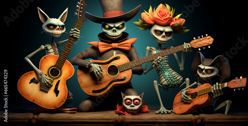 Spooky Skeleton Band with Guitars and Cat Skull