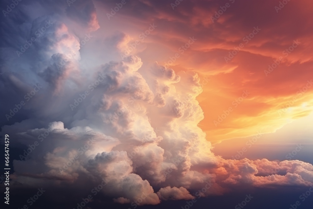 Plane Flying Through Cloudy Sky at Sunset