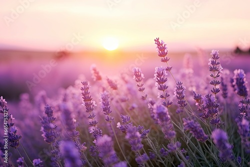 Close up lavender flowers in beautiful field at sunset. © MdBepul