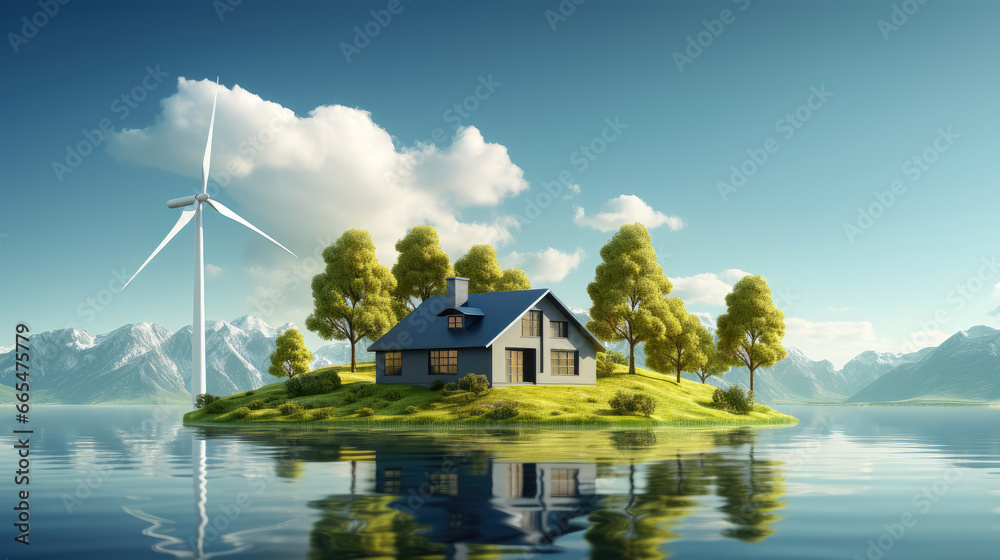 Fototapeta premium Green energy concept , Landscape with wind turbine sustainable clean energy and healthy lifestyle