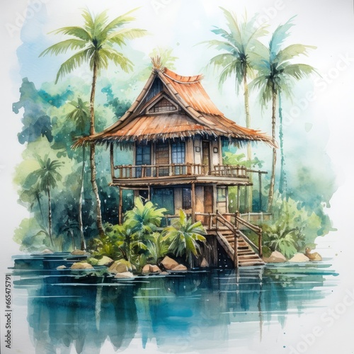 A watercolored bright serene image of a traditional bahay kubo. photo