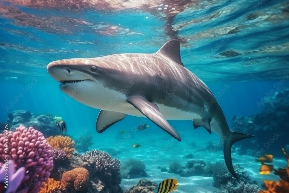 Shark underwater. Background with selective focus and copy space