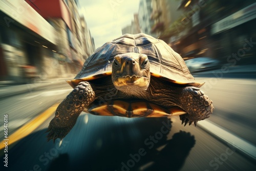 A turtle running at high speed with motion blur. Background with selective focus and copy space photo