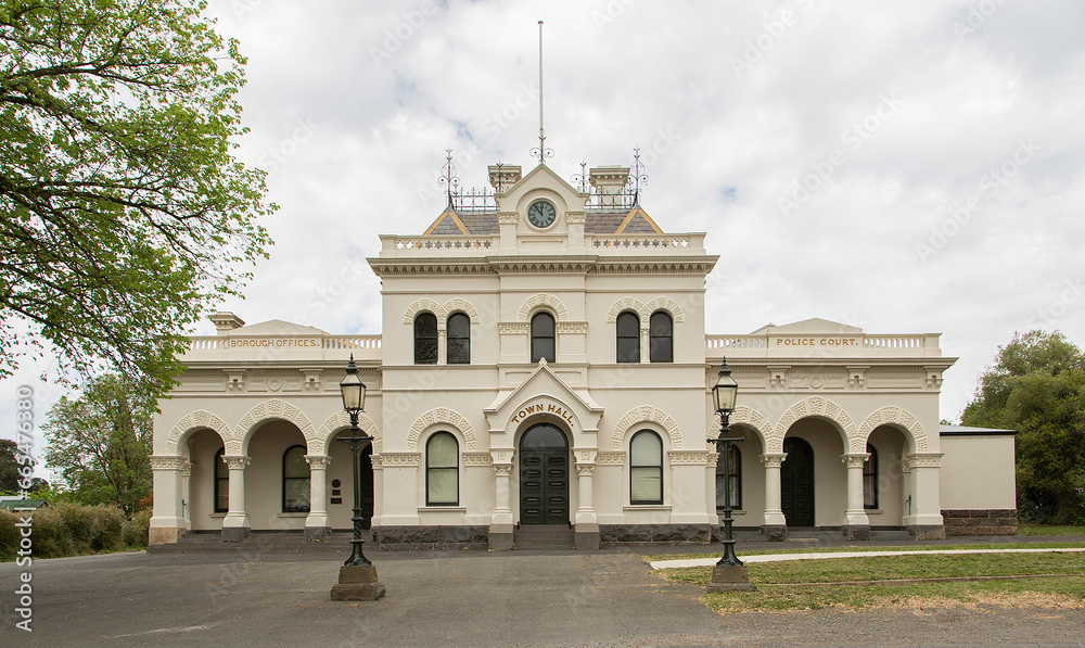 The Clunes Town Hall and Court House (built 1873) in Victoria, Australia, is a rare rural example of a combined court house and town hall. 