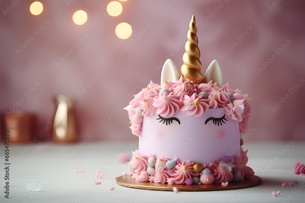 Unicorn cake with pink frosting and copy space to side. Unicorn cake with pink frosting and copy space to side.