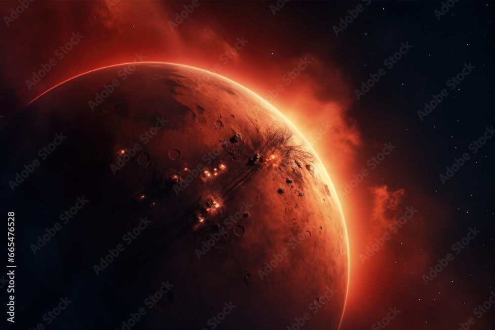 Red Planet with Star in Background