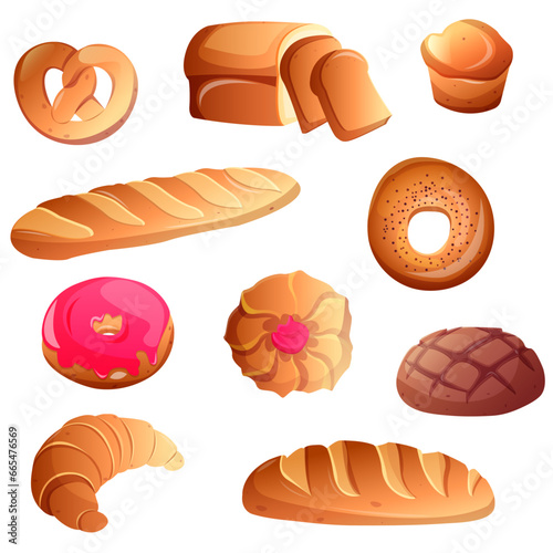 Set of bakery breads and fresh pastries. Cartoon bread vector illustration, icons. Bakery products, roll baguette, bread loaf and toast, sweet donut, muffin, pretzels and croissant. 