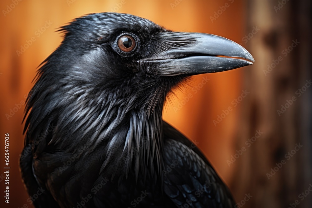 Close Up of Black Bird on Wooden Background Close Up of Black Bird on Wooden Background