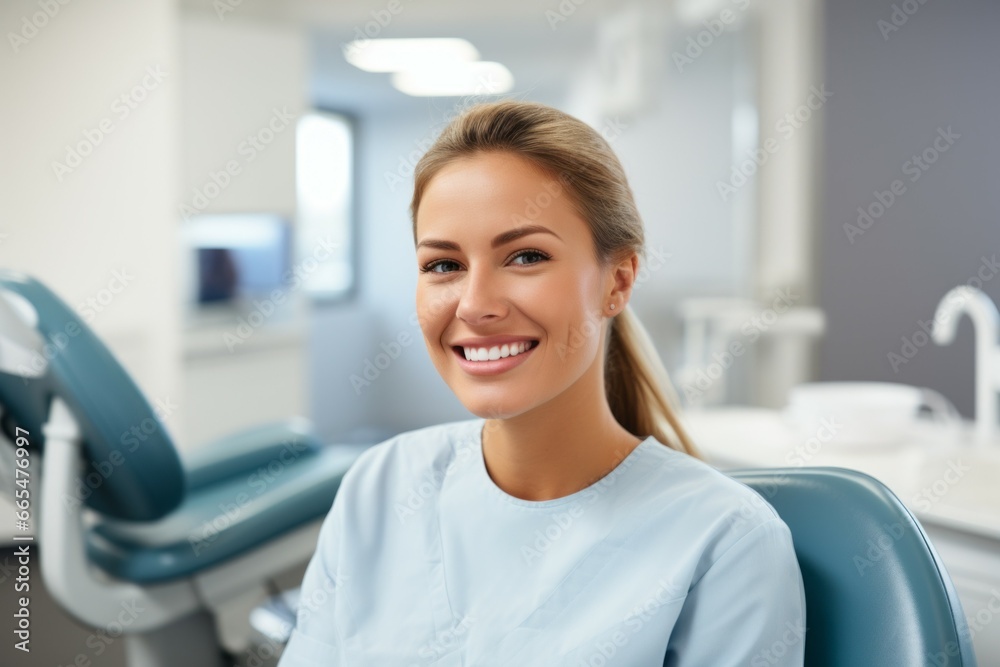 Woman dentist, professional doctor in a dental office. Portrait with selective focus and copy space