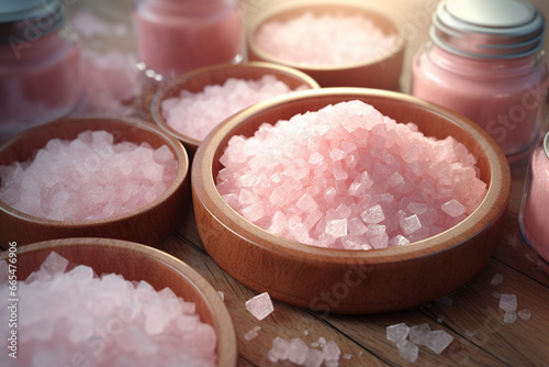 Himalayan pink salt in glass bowl on wooden table, closeup