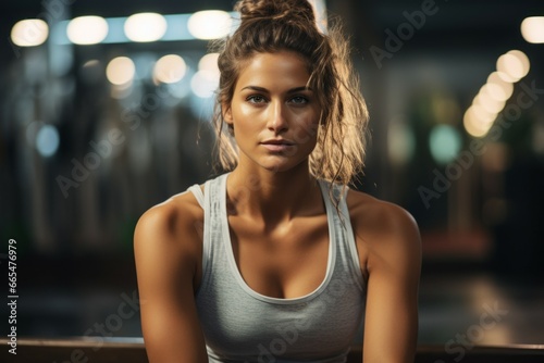 Woman athlete in the gym. Portrait with selective focus and copy space