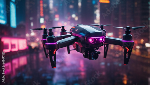 A drone's perspective on a dynamic, futuristic city with bright neon lights and urban energy.