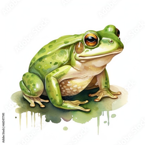 Watercolor green frog on white background.
