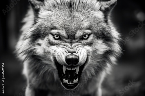 Greyscale closeup shot of an angry wolf with a blurred background. © MdBepul