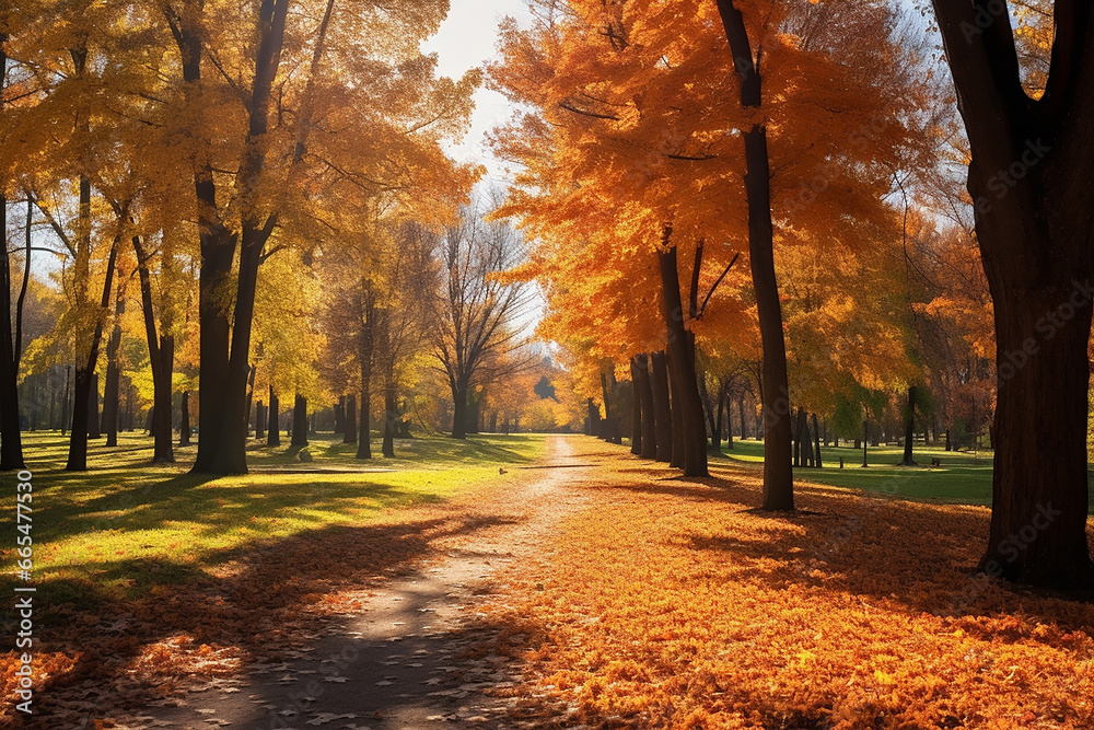 The beautiful landscape of the orange and yellow leaves of trees growing along the path covered with leaves in autumn or fall season on a sunny day. Generative AI.