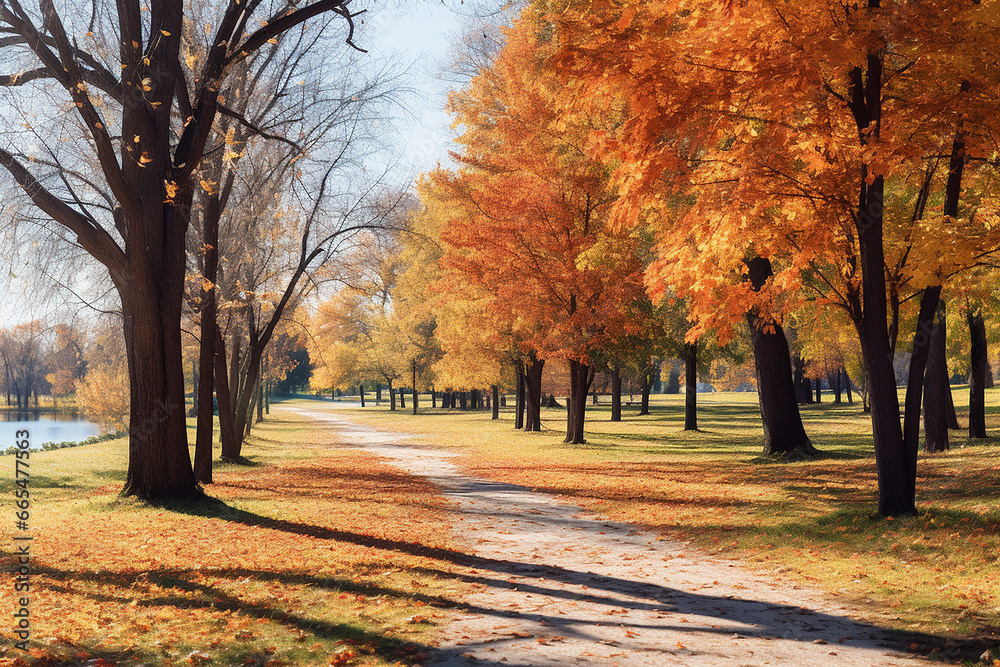 Naklejka premium The beautiful landscape of the orange and yellow leaves of trees growing along the path covered with leaves in autumn or fall season on a sunny day. Generative AI.