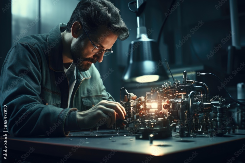 Man Working on Machine in Dark Room Man Working on Machine in Dark Room