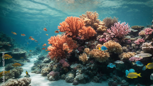 A stunning underwater view of a vibrant coral reef with exotic fish and crystal-clear waters. © xKas