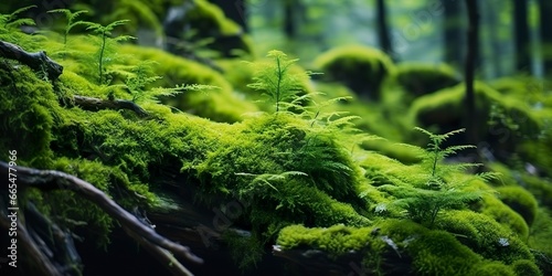 Green moss closeup, with a backdrop of woodland. Forest in the national park.