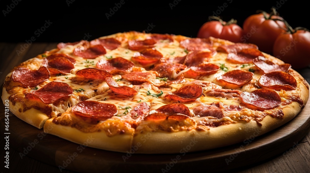 pizza with salami, cheese and tomatoes