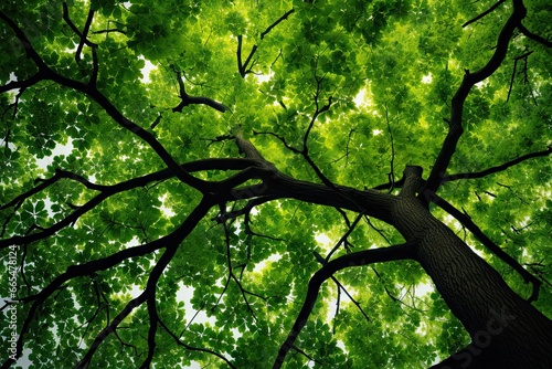 Lush summer canopy. Green forest bathed in sunlight. Nature leaf beauty. Verdant tree in sun. Filtered through foliage