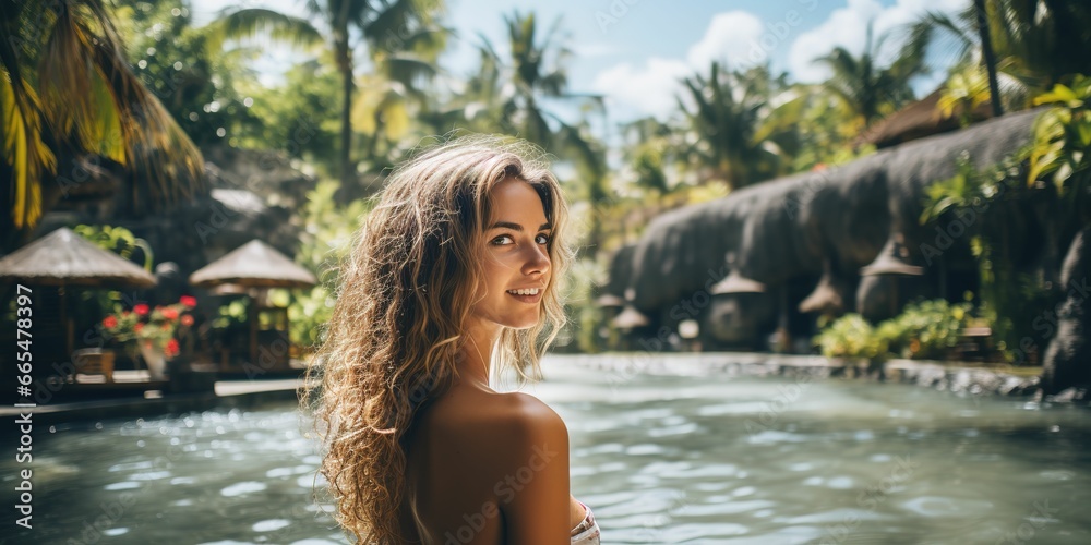 Luxury Spa Hotel in Bali: Woman Enjoying a Relaxing Pool Vacation Luxury Spa Hotel in Bali: Woman Enjoying a Relaxing Pool Vacation