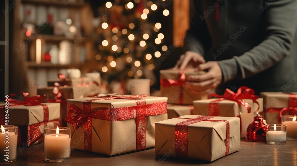 Festive Christmas Celebration: Preparing Boxes with Red Ribbons at Home