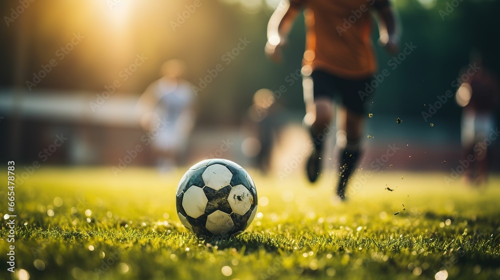 close-up photo of a professional soccer player playing football on a green grass pitch at a big stadium. dribbling the ball against opponents. soccer match on a field - obrazy, fototapety, plakaty 